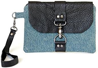 Denim Wristlet Wallet with Black Leather