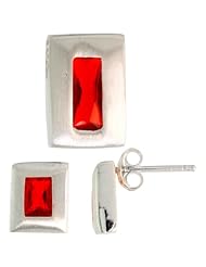 Sterling Silver Matte-finish Rectangular Earrings (9mm tall) & Pendant Slide (14mm tall) Set, w/ Emerald Cut Ruby-colored CZ Stones
