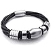 KONOV Jewelry Mens Leather Stainless Steel Bracelet, Charm Cuff Bangle, Black Silver, 8
