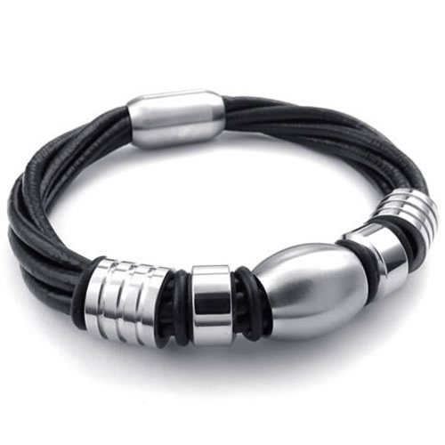 KONOV Jewelry Mens Leather Stainless Steel Bracelet, Charm Cuff Bangle, Black Silver, 8
