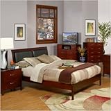 Queen Platform Bed in Medium Cherry with Faux Leather Headboard