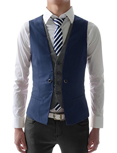 (VE34) TheLees Mens premium Business Casual Layered style Slim wedding Vest BLUE US M(Tag size XL)