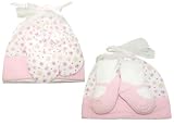 from Pixie Togs Babywear Baby Girls Flowered Beanie Hat with Matching Scratch Mittens & Mary Jane Style Socks 3 Piece Gift Set in a Mesh Bag (0-3 Months) (White/Pink)