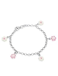 Unicornj Sterling Silver Childrens Bracelet with White and Pink Flower Charms