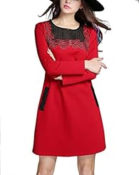 Plus Size Winter Round Neck Floral Print Mesh Embroidered Shift Leather/Organza Long Sleeves  Dress