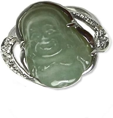 Laughing Buddha Light Green Jade Sterling Silver CZ Ring (Size 7.5)