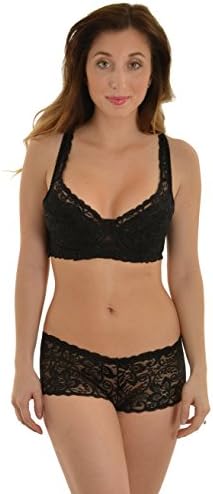 Black Lace Bra 2 Piece Set with Sheer Boyshort Panties Light Lined Bra Bra/Pantie: 36B Medium Pantie