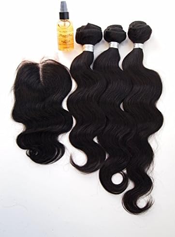 Human Hair Direct™ BODY WAVE 100% Virgin Brazilian Human Hair Extensions 3-Pack PLUS Lace Closure AND free bottle of Argan Oil! (16" 18" 20" Extensions + 10"-12" Lace Closure, #1 - Jet Black (Pre-Colored))