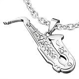 New Men's Stainless Steel Saxaphone Pendant With CZ Stones & Free Chain - Length 60cms