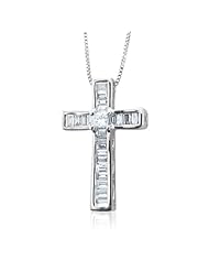 14k White Gold Princess Cut and Baguette Diamond Cross Pendant Necklace (GH, I1-I2, 0.32 carat)