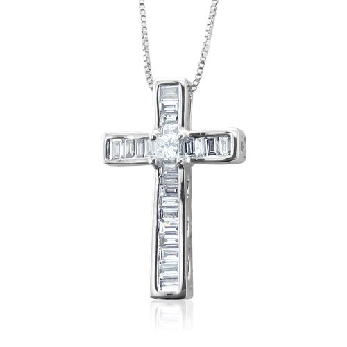 14k White Gold Princess Cut and Baguette Diamond Cross Pendant Necklace (GH, I1-I2, 0.32 carat)