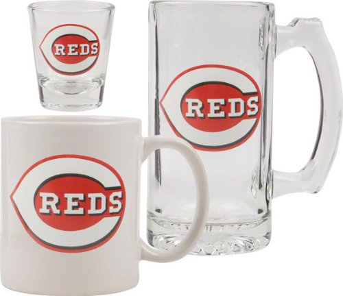 Cincinnati Reds Glassware Set: 3D Logo Tankard, Coffee Mug, Shot Glass