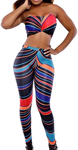 MENGKAI Women's Slim Fit Strapless Empire Waist Long Pant and Tops S Colorful
