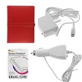White Rapid Car Charger with IC Chip + White Home Travel Charger + Red Leather Jacket Pouch Case + LCD Screen Protector for Amazon Kindle DX