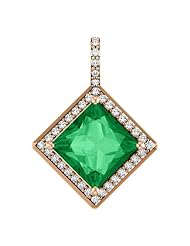 18K Rose Gold 8.00x8.00mm Princess Cut Chatham Created Emerald and Diamond Pendant