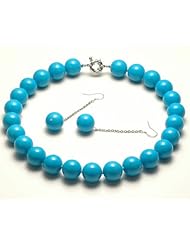 Hydia Round 16mm Blue Turquoise Necklace Earrings Set 925 Sterling Silver