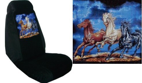 Car Truck SUV Wild Mustang Trio Print Seat Covers 2 Black Universal Horse Vehicle Bucket Seatcovers