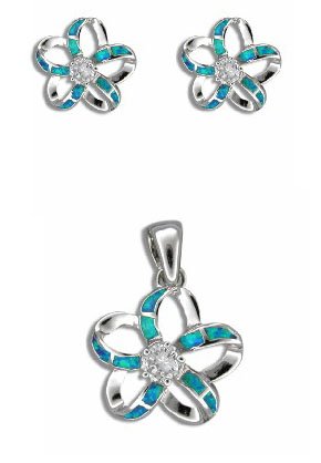 Sterling Silver Hawaiian Blue Opal Open Plumeria Pendant and Earring Set with CZ