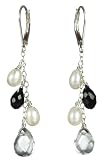 Sterling Sliver Lever Back White Freshwater Cultured Pearl, Black Onyx and Crystal Cluster Drop Earrings