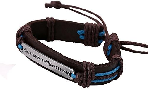 Youngway Men Genuine Leather Bracelet, Vintage Proverb "Where is a will, there is a way" Wristband