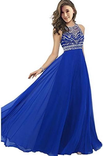 MOBAI Women's A-Line Sweep Train Sparkly Beading Evening Prom Dresses (16, Blue)