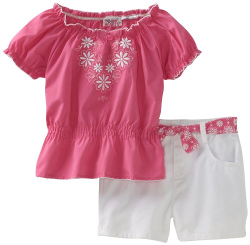 Young Hearts Girls 2-6x 2 Piece Twill Short Set with Printed Sash, Pink Doll, 4