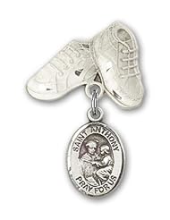 Sterling Silver 1" Baby Badge Bootie Shape Pin with Saint St Anthony Charm Pendant