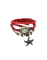 FuzzyGreen® Vintage Quartz Starfish Weave Wrap Around Leather Bracelet Lady Woman Girl Wrist Vantage Watch Red