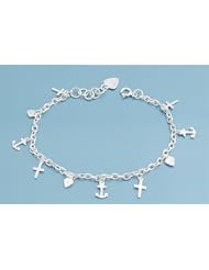 Sterling Silver Fine Anchor, Cross & Heart Charms Bracelet
