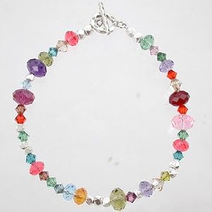 Red, Pink, Blue, Purple and Green Swarovski Crystal and Sterling Silver Beaded Bracelet, 7 1/2" long, #9398