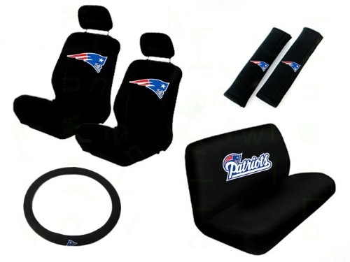 11 Piece NFL Auto Interior Gift Set - New England Patriots - A Set of 2 Seat Covers, 1 Rear Bench Cover, 1 Steering Wheel, and A Set of 2 Seat Belt Pads On Sale