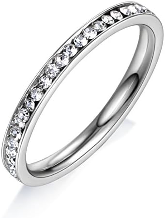 Dora Collection 316L Stainless Steel 2mm Fashion White Full AAA Cubic Zirconia Wedding Engagement Eternity Band Ring (Silver Color). Best gift for Valentine's Day, Mother's Day, Birthday, and Last Forever!