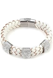 Woven White Leather Bracelet with Three White Pave Crystal Rings. Latch Secure Closure.