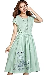 Linen Short Sleeves Tea Length General Print  Dress