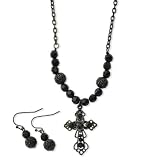 1928 Black-plated Jet Crystal Beaded Earrings and 16 Inch Cross Necklace Set