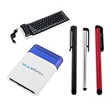 iKross Black Bluetooth Wireless Foldable Silicone Keyboard + Blue Mini Brush + 3x Stylus (Silver / Black / Red) for Tablet, Cellphone, Laptop and More