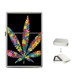 41b4XARnF1L. SL160  Flip Top Lighter of Marijuana Leaf with Flowers in 60s Colors