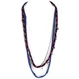 Soft Braided Fabric Layered Necklace - Crystal Cut Shimmery Beads - Brass Chain Link - Fuchsia Black Blue & White