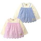 ベビー服 女の子 Tシャツ 長袖 重ね着風 ダンガリー 花レース 刺繍 女児 ベビー (2.ブルー/95cm)