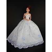 White Strapless Ball Gown with Light Blue Accents on the Lace Made to Fit the Barbie Doll