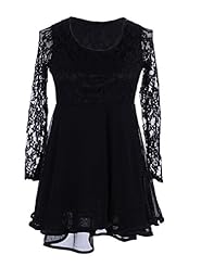 Floral Print Sheer Piping Lace Long Sleeves Skater Dress 