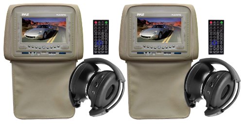 Pyle PLD76TN Adjustable Headrest with Built-In 7-Inch TFT/LCD Monitor, DVD Player, IR/FM Transmitter, and Cover (Pair) (Tan)