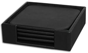Black Leather 4 Square Coaster Set with Holder