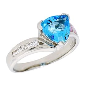 Sterling Silver, Synthetic Pink Opal Ring, w/ Trillion Cut Blue Topaz CZ &amp; Brilliant Cut CZ stone Accents, 3/8" (9 mm) wide, size 6: Jewelry