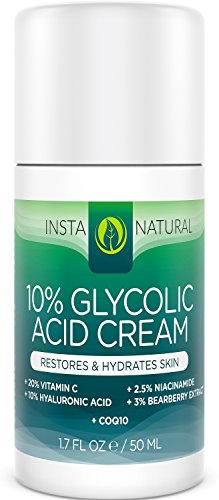 InstaNatural Glycolic Acid Cream - With 10% Glycolic Acid, 20% Vitamin C, 10% Hyaluronic Acid, Niacinamide & CoQ10 - Exfoliating Moisturizer Lotion for Face - Breakout Cleanser for Dry Skin - 1.7 OZ