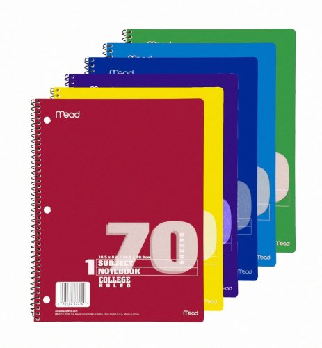 Mead® Spiral® One-Subject College-Ruled Notebook, One Notebook per Order, Color May Vary (05512)