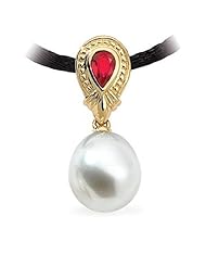 18K Yellow Gold Paspaley South Sea Cultured Fine Drop Pearl and Ruby Pendant -- LIFETIME WARRANTY