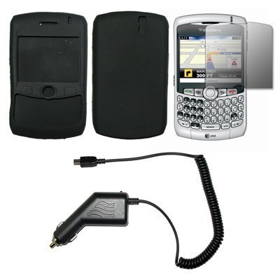 Solid Black Silicone Gel Skin Cover Case + Screen Protector + Rapid Car Charger for Blackberry Curve 8300 / 8310 / 8320 / 8330