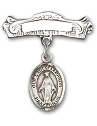 Sterling Silver Baby Badge with Our Lady of Lebanon Charm and Arched Polished Badge Pin