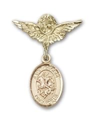 14K Gold Baby Badge with St. George Charm and Angel with Wings Badge Pin